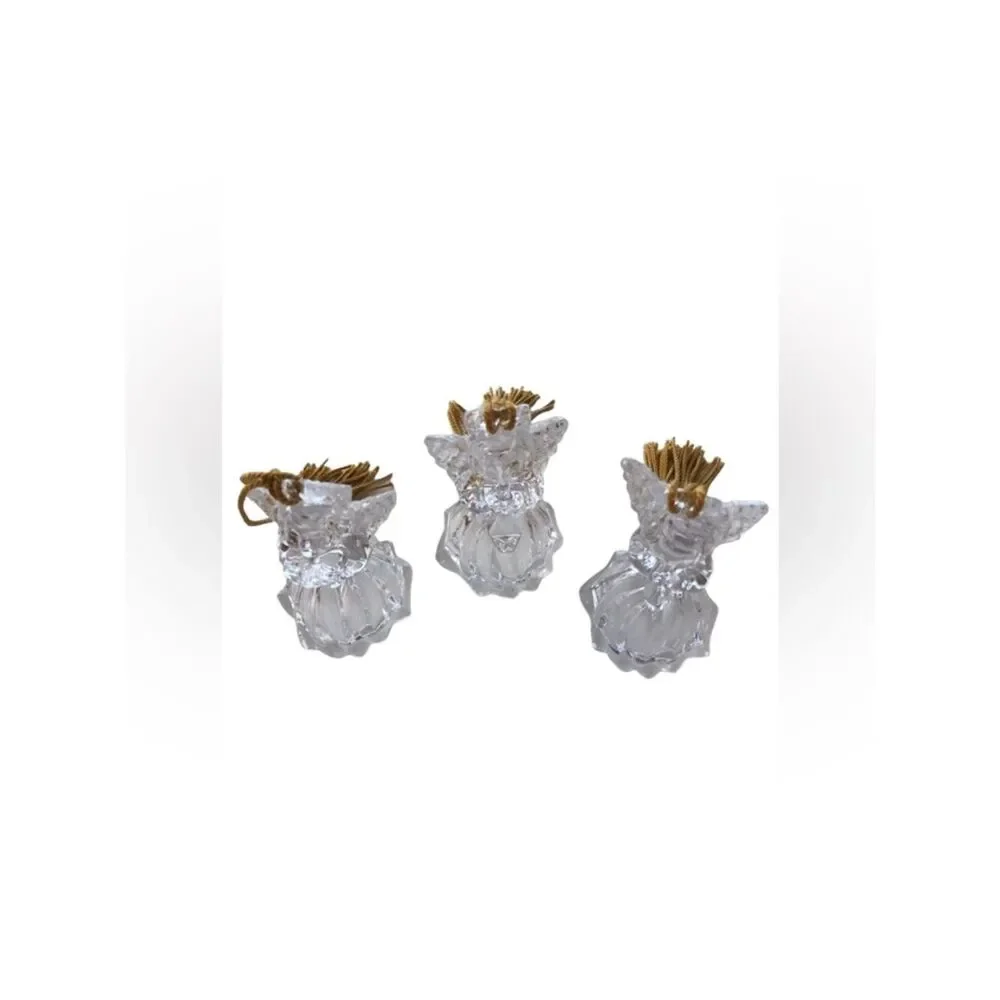 SET 3 VINTAGE GORHAM LEAD CRYSTAL ANGEL ORNAMENTS WITH GOLD TASSELS